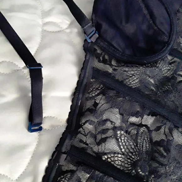 90s La Perla Bustier & Thong, Pleated (Plisse), Dark Navy, Sz 32 & 2 ITALY - Picture 6 of 16